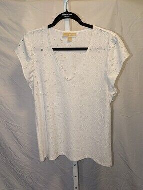 Michael Kors White Eyelet V-Neck Flutter Sleeve Blouse - Size Large